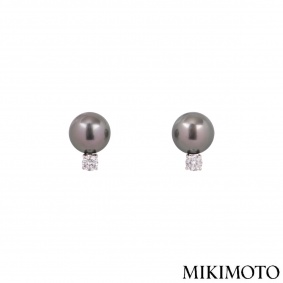 Mikimoto White Gold Diamond And Black South Sea Pearl Earrings
